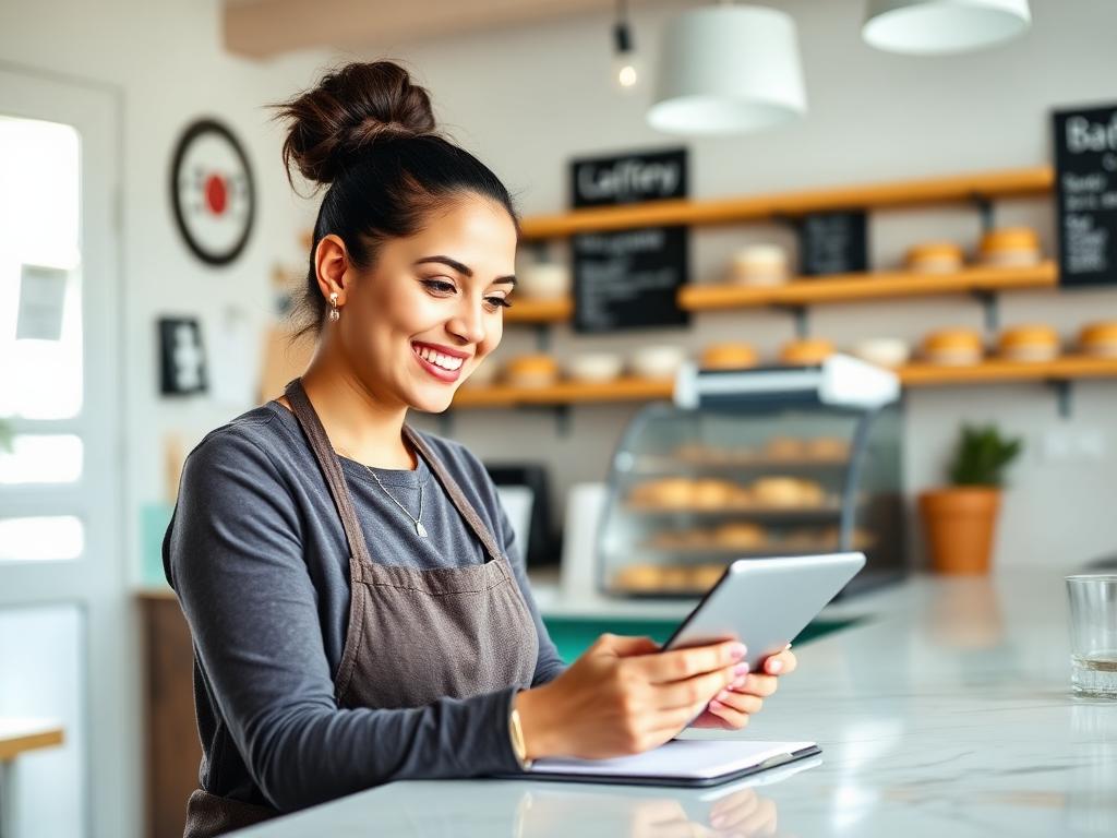 Bakery owner applying on a tablet